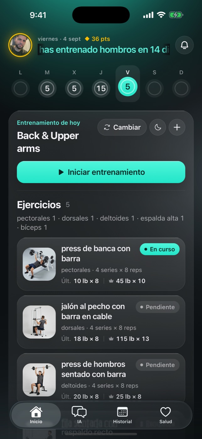 Gymbora home screen with today's workout