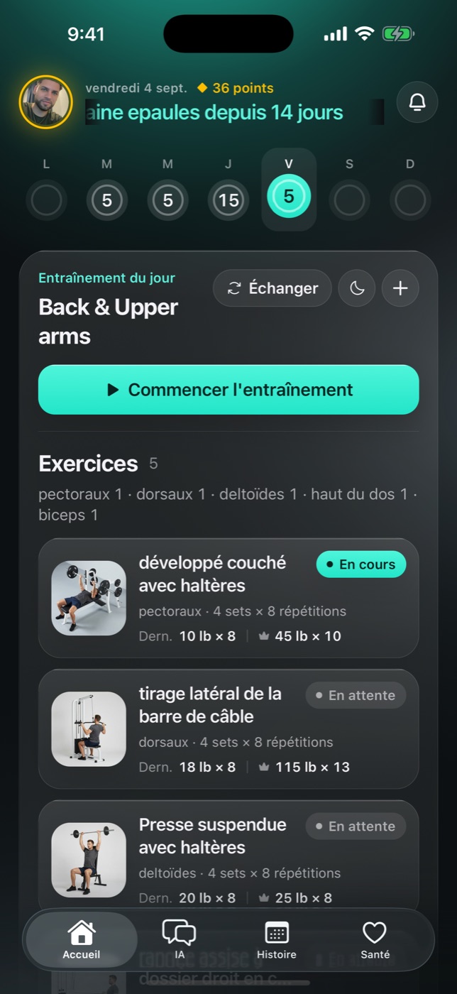Gymbora home screen with today's workout